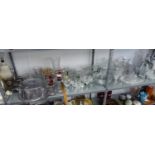 STEM WINE GLASSES; A CUT GLASS FRUIT BOWL, FLOWER VASES AND MISC GLASSWARES