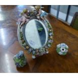 SITZENDORF PORCELAIN OVAL EASEL SUPPORT FLOWER ENCRUSTED MIRROR AND TWO GERMAN POSY HOLDERS (3)