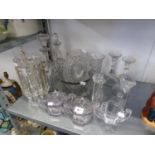A VICTORIAN CUT GLASS TABLE LUSTRE (ONE DROP A.F.), A PAIR OF PRESSED GLASS CELERY VASES, TWO