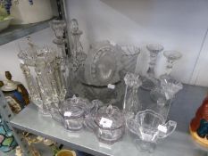 A VICTORIAN CUT GLASS TABLE LUSTRE (ONE DROP A.F.), A PAIR OF PRESSED GLASS CELERY VASES, TWO