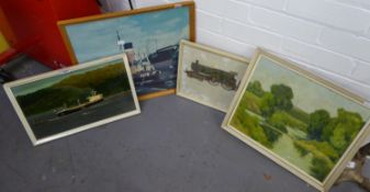 J. FOWLEROIL ON BOARD RIVER LANDSCAPE WITH MAN FISHING AND DISTANT CHURCH SPIRESIGNED AND DATED