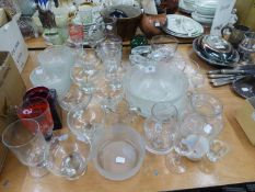 SUNDRY  GLASSWARES INCLUDING; HEAVY STUDIO GLASS TEA LIGHT HOLDER, RED CUBE FORM VASE AND A LEAF