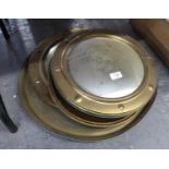 FOUR PAIRS OF VARIOUS BRASS FRAMED CONVEX WALL MIRRORS AND AN ORIENTAL  EMBOSSED BRASS CIRCULAR