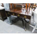 ANTIQUE MAHOGANY SOFA TABLE, HAVING FOUR DRAWERS, TWO FALSE DRAWERS ON QUADRANT UNDERFRAME