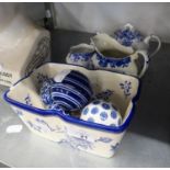 SHELLEY CHINA 'DAINTY BLUE' SMALL TEAPOT AND MILK JUG; BURLEIGH WARE WILLOW PATTERN MIK JUG; ROYAL