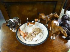 BESWICK POTTERY MODEL OF A FOX AND A HOUND, together with SIMILAR MODELS OF HORSES, not Beswick, and