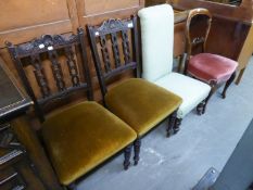 A PAIR OF EDWARDIAN SINGLE CHAIRS WITH UPHOLSTERED SEATS, MAHOGANY BALLOON BACK CHAIR (A.F.) AND