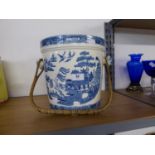 POTTERY WILLOW PATTERN SLOPS PAIL WITH CANE BOUND SWING HANDLE