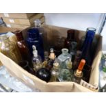 COLLECTION OF VINTAGE GLASS BOTTLES, some coloured and a few with stoppers, contents of a small box