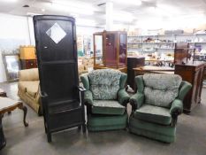 OAK HALL STAND with storage box to the base, together with a PAIR OF EASY ARMCHAIRS, covered in