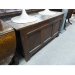 ANTIQUE OAK COFFER, WITH THREE PANEL FRONT AND HINGED LID
