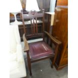 ART NOUVEAU MAHOGANY CARVER?S ARMCHAIR WITH THREE RAIL BACK, DROP-IN SEAT