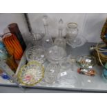 TWO CUT GLASS DECANTERS, A CUT GLASS CIRCULAR BOWL AND DOMED COVER, A CUT GLASS VASE AND