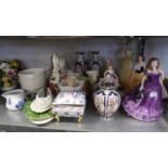 TWO LEONARDO CHINA CRINOLINE FIGURE; TWO OTHER FIGURES AND MISC CHINA VASES, CUPS AND SAUCERS
