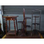 MAHOGANY FOUR TIER CAKE STAND, A THREE TIER CAKE STAND AND A SQUARE TOP OCCASIONAL TABLE  (3)