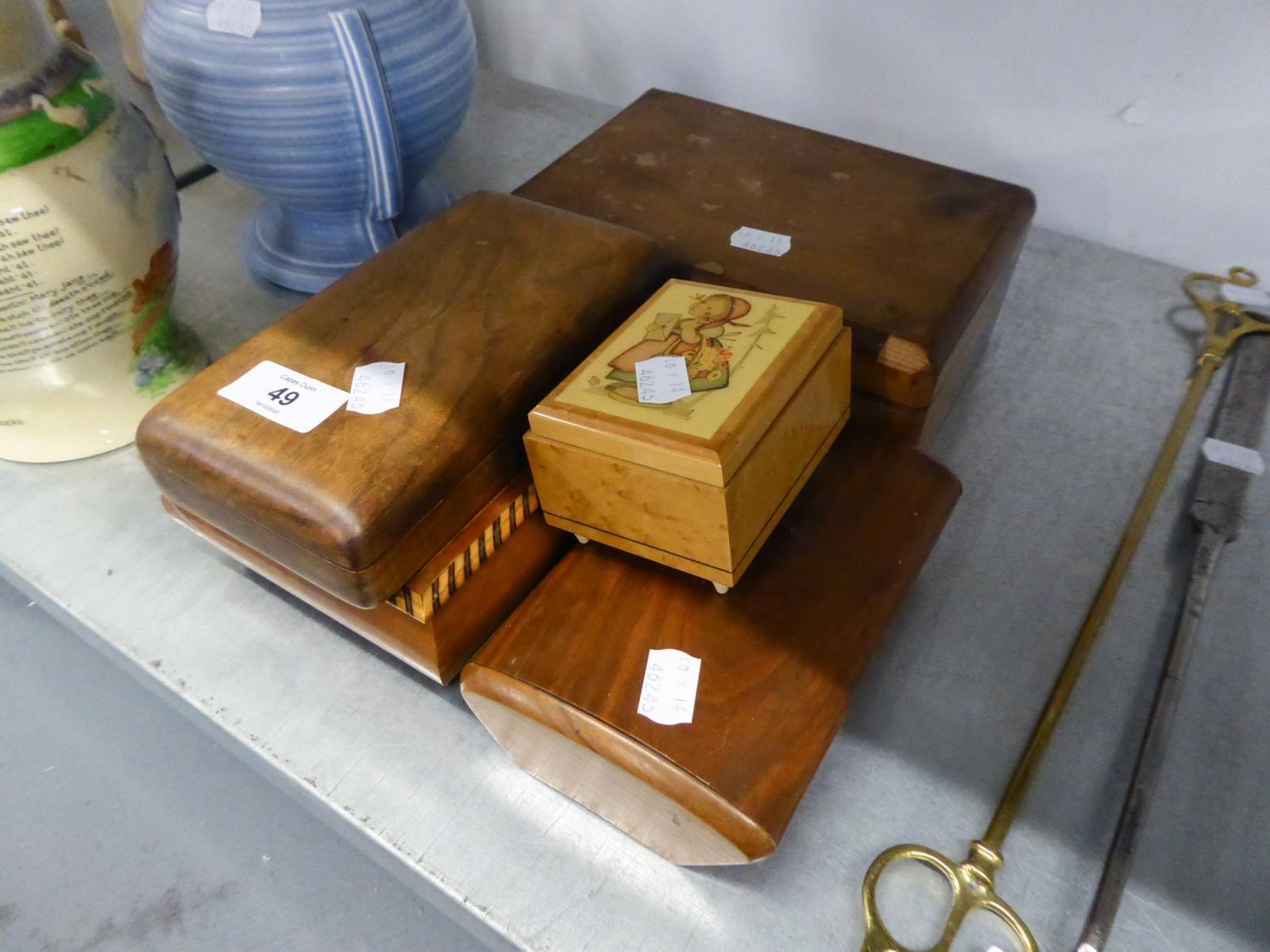 19TH CENTURY WALNUT JEWELLERY BOX WITH FITTED INTERIOR AND FOUR VARIOUS WOODEN BOXES (5)