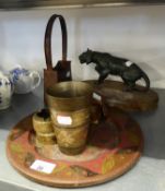 A SPELTER MODEL OF A LIONESS ON OVAL ALABASTER BASE; CAST METAL BIRD PATTERN DOOR KNOCKER, A METAL