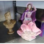 COALPORT CHINA CRINOLINE FIGURE 'COLLEEN' AND A SMALL WHITE PARIAN CLASSICAL MALE BUST  (2)