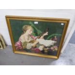 PICTORIAL NEEDLEWORK TAPESTRY, LADY IN PERIOD DRESS SEATED PLAYING A LUTE, 19 1/2IN X 25IN (49.5 X