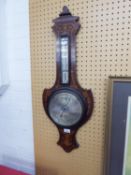 EDWARDIAN MARQUETRY INLAID ROSEWOOD ANEROID BANJO BAROMETER AND THERMOMETER