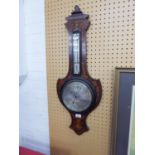 EDWARDIAN MARQUETRY INLAID ROSEWOOD ANEROID BANJO BAROMETER AND THERMOMETER