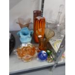 AN ORANGE STRIPED GLASS VASE; A PALE BLUE OPAQUE GLASS VASE WITH FRILL TOP AND MISCELLANEOUS