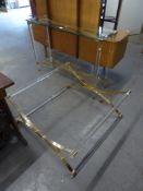 A PERSPEX AND GILT SIDE TABLE, WITH GLASS TOP AND UNDERSHELF AND A MATCHING LOW COFFEE TABLE (