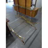 A PERSPEX AND GILT SIDE TABLE, WITH GLASS TOP AND UNDERSHELF AND A MATCHING LOW COFFEE TABLE (