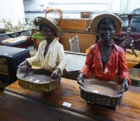 TWO PAINTED PLASTER HALF FIGURES OF BLACK MEN HOLDING BASKETS, one a/f, 16? high, (2)