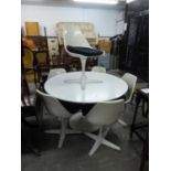 ARCANA STYLE WHITE FINISH CIRCULAR PEDESTAL TABLE AND SIX  REVOLVING WHITE MOULDED PLASTIC POD