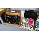 VINTAGE BLACK AND GILT SINGER SEWING MACHINE, EM904365, in carrying case, together with a BROTHER