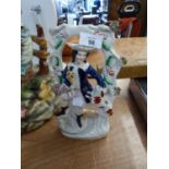 NINETEENTH CENTURY STAFFORDSHIRE POTTERY FLAT BACK FIGURE OF A MAN SEATED WITH A DOG AND COCKEREL