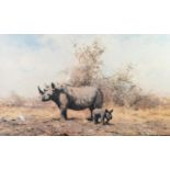 DAVID SHEPHERD ARTIST SIGNED COLOUR PRINT 'The Rhino's Last Stand' with dedication in artist's