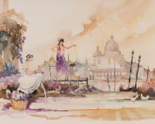 PETER SHACKLETON (b.1933) WATERCOLOUR Grand Canal Scene, Venice, with two female figures in the