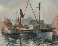 DOUGLAS TERENCE FANTHOME (b.1937) OIL ON BOARD ?The Lady Gwynfred & Friends, St. Katherine Docks?