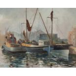 DOUGLAS TERENCE FANTHOME (b.1937) OIL ON BOARD ?The Lady Gwynfred & Friends, St. Katherine Docks?