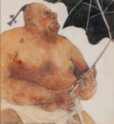 G WALKER PENCIL AND WATERCOLOUR Sumo Wrestling with Umbrella Signed and titled in pencil 7 1/2in x 6