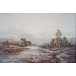 AFTER W. REEVES COLLOTYPE PRINT Highland river scape with fisherman in the fore ground 23 ¼? x 35 ¼?