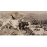 AFTER ALFRED W. STRUT (1856-1924) ARTIST SIGNED PHOTOGRAVURE OF GUN-DOGS, a young boy and a horse