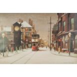 ARTHUR DELANEY ARTIST SIGNED LIMITED EDITION COLOUR PRINT Winter street scene with tram, (204/500)