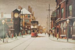 ARTHUR DELANEY ARTIST SIGNED LIMITED EDITION COLOUR PRINT Winter street scene with tram, (204/500)