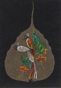 SET OF SIX MODERN INDIAN GOUACHE LEAF PAINTINGS, exotic birds and flowers, on pear shaped leaves,