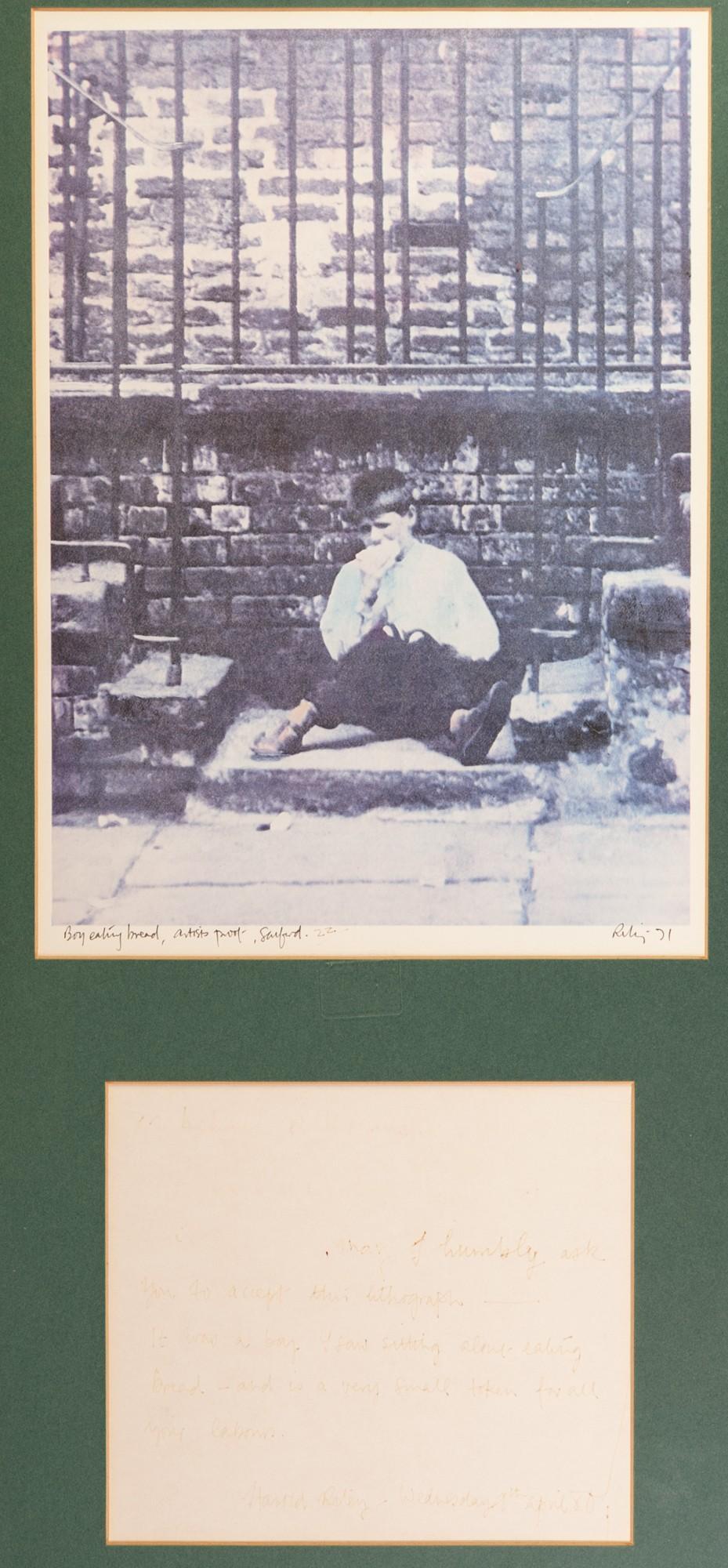 HAROLD RILEY (1934) ARTIST SIGNED PROOF PHOTOGRAPHIC PRINT 'Boy eating bread, Salford' Signed,