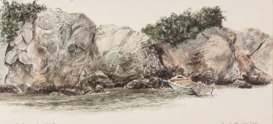 B. HITCHISEN (Norwich) WATERCOLOUR DRAWING 'Rocks and Boat' Signed and titled in pencil 6 1/4" x 13"