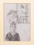 UNATTRIBUTED (NINETEENTH CENTURY CONTINENTAL SCHOOL) THREE SMALL PENCIL DRAWINGS ON BLUE/GREY