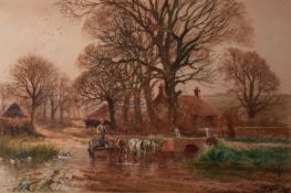 HENRY CHARLES FOX (1855/60-1929) WATERCOLOUR DRAWING Rural landscape with horse-drawn cart fording a