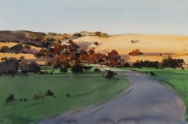 AMANDA HYATT (TWENTIETH/ TWENTY FIRST CENTURY) WATERCOLOUR Landscape with hills in the distance