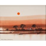 RICHARD AKERMAN (1942-2005) OIL ON CANVAS Landscape with dwelling at dusk Signed 16 ½? x 21 ½? (42cm