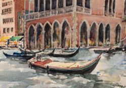 BAL ATHALYE (TWENTIETH CENTURY) WATERCOLOUR DRAWING Moored gondolas, Venice Signed 9 ½? x 13? (24.