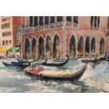 BAL ATHALYE (TWENTIETH CENTURY) WATERCOLOUR DRAWING Moored gondolas, Venice Signed 9 ½? x 13? (24.